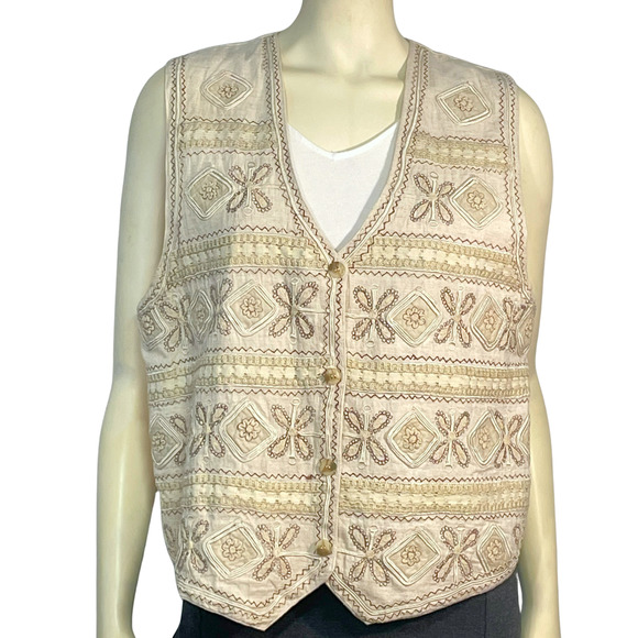 Vintage 90s Keren Hart Embroidered Vest Linen Blend Boho Lagenlook Neutral Beige - Picture 1 of 9
